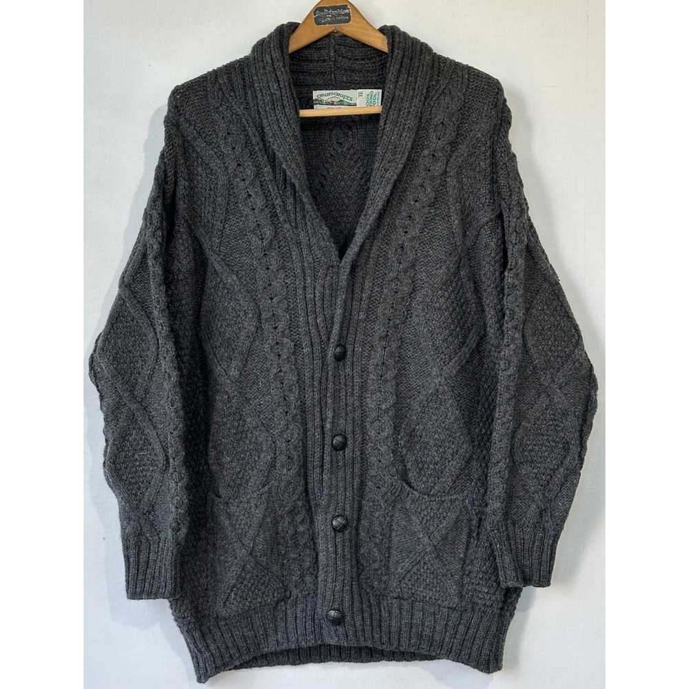 Arancrafts Cardigan Cable Knit Merino Wool Mens XXL Charcoal Gray